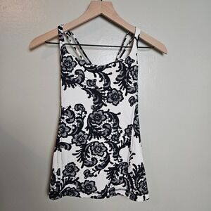 Lululemon Free To Be Cross Back Tank Top Sz 6 Black White Lace Print Laceoflauge